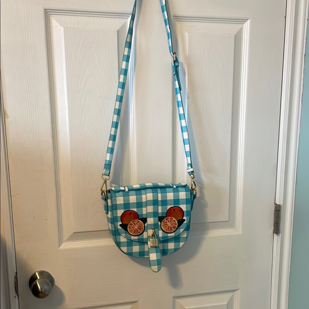 Blue Checkered Crossbody Bag with Citrus embroidery